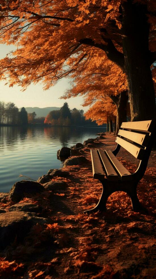 een uitnodigend park bank genesteld binnen de sereen schoonheid van een herfst landschap verticaal mobiel behang ai gegenereerd foto