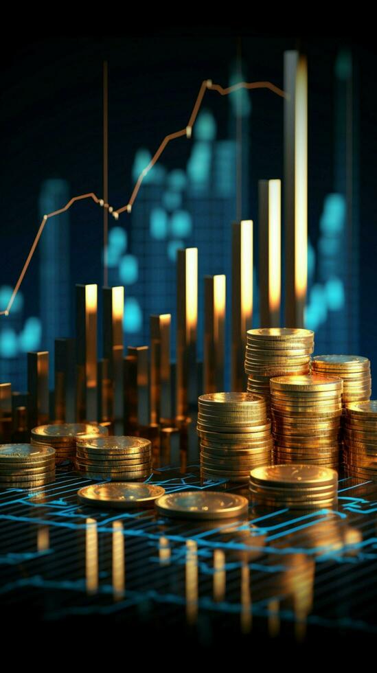 investering succes afgebeeld door een 3d financiën tabel Aan een blauw munt backdrop verticaal mobiel behang ai gegenereerd foto