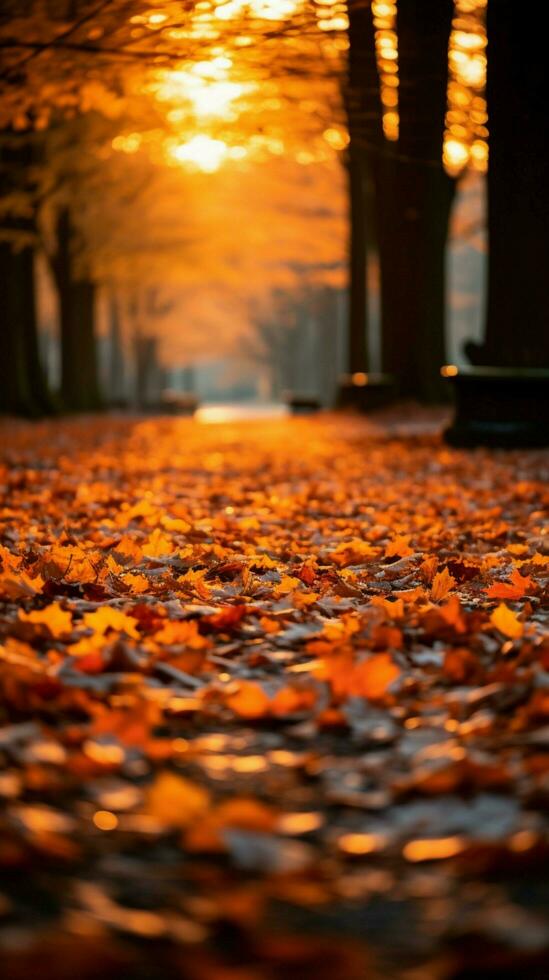 warm herfst- pad ingelijst door kleurrijk gedaald bladeren in selectief focus verticaal mobiel behang ai gegenereerd foto