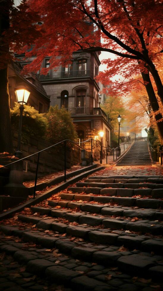 een toneel- steen trap pad in montmartre, Parijs, te midden van levendig herfst gebladerte verticaal mobiel behang ai gegenereerd foto