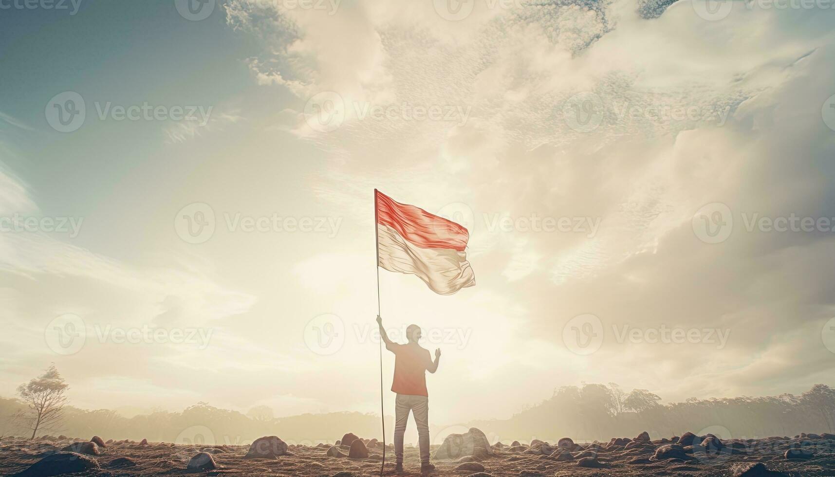 Mens golvend Indonesisch vlag Aan de top van de berg. 3d weergave. ai gegenereerd. foto
