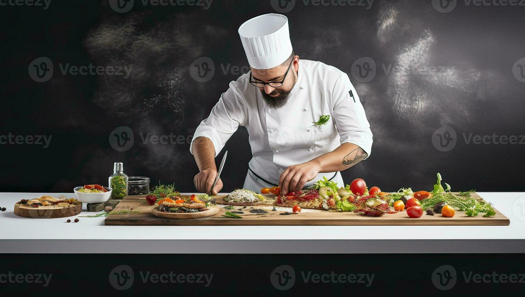 chef voorbereidingen treffen een pizza Aan een houten bord Aan een donker achtergrond. ai gegenereerd. foto