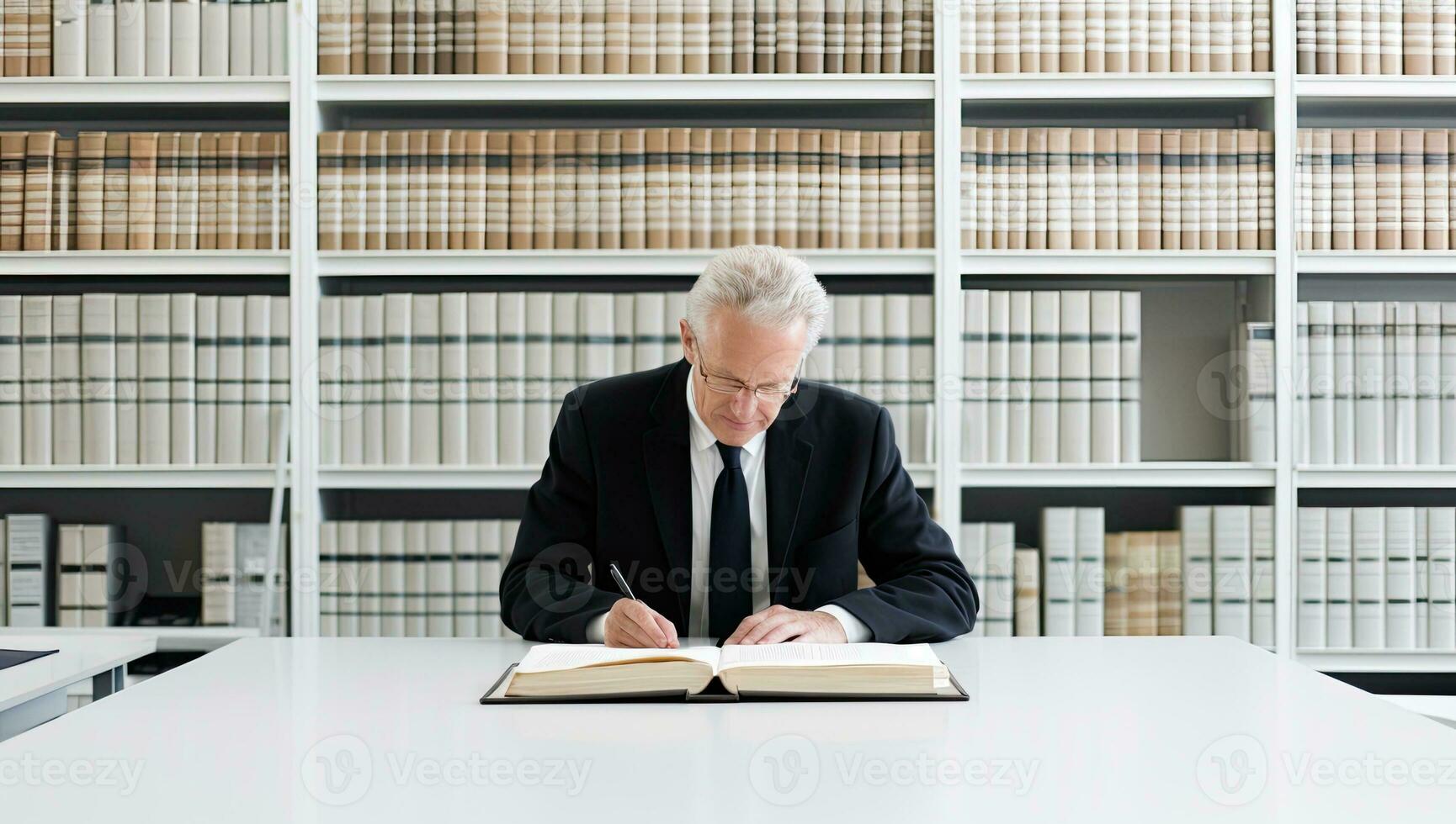 volwassen zakenman zittend Bij zijn bureau in een kantoor lezing een boek. ai gegenereerd. foto