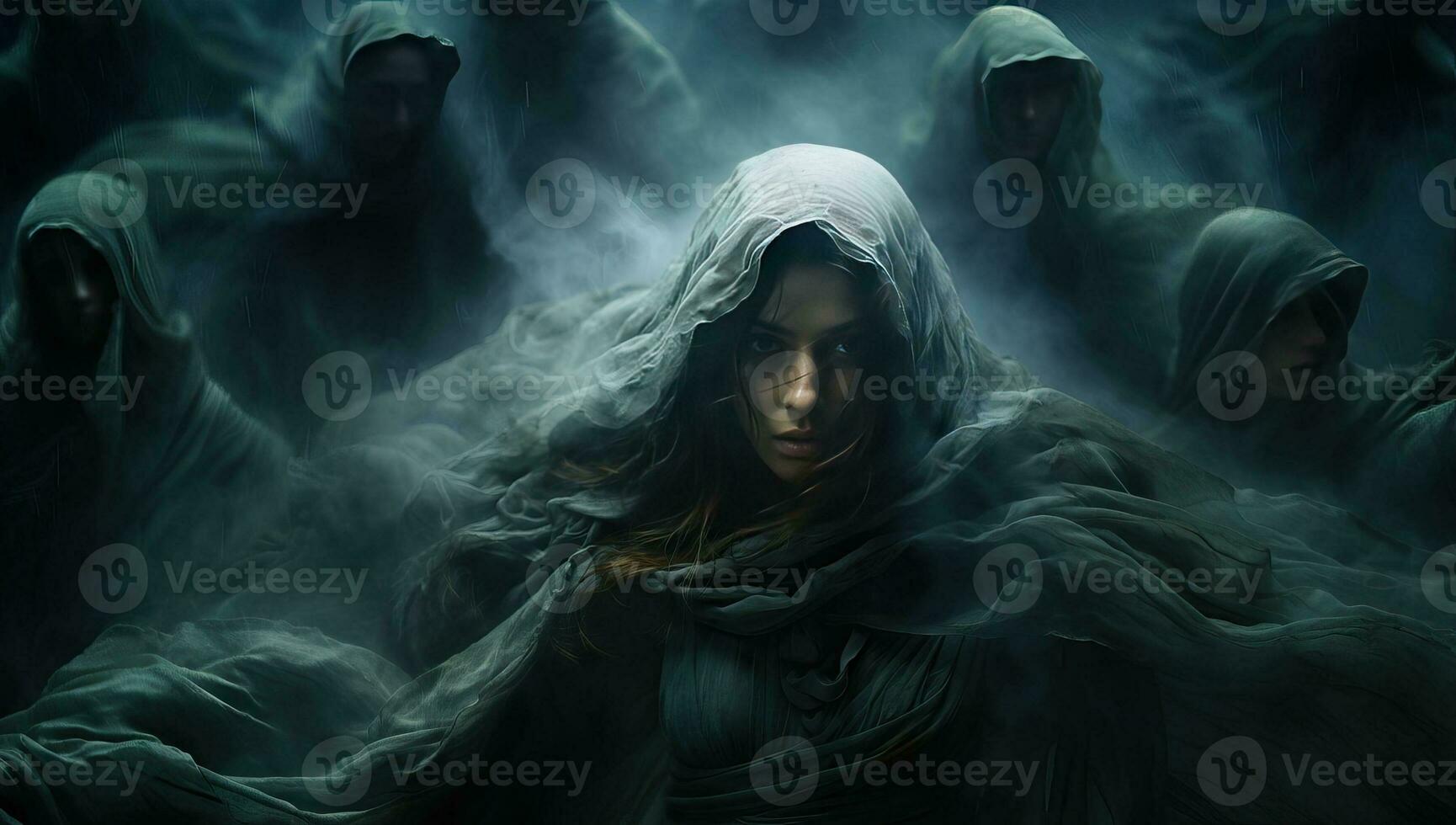 portret van een mooi vrouw in een donker mantel met een kap. ai gegenereerd. foto