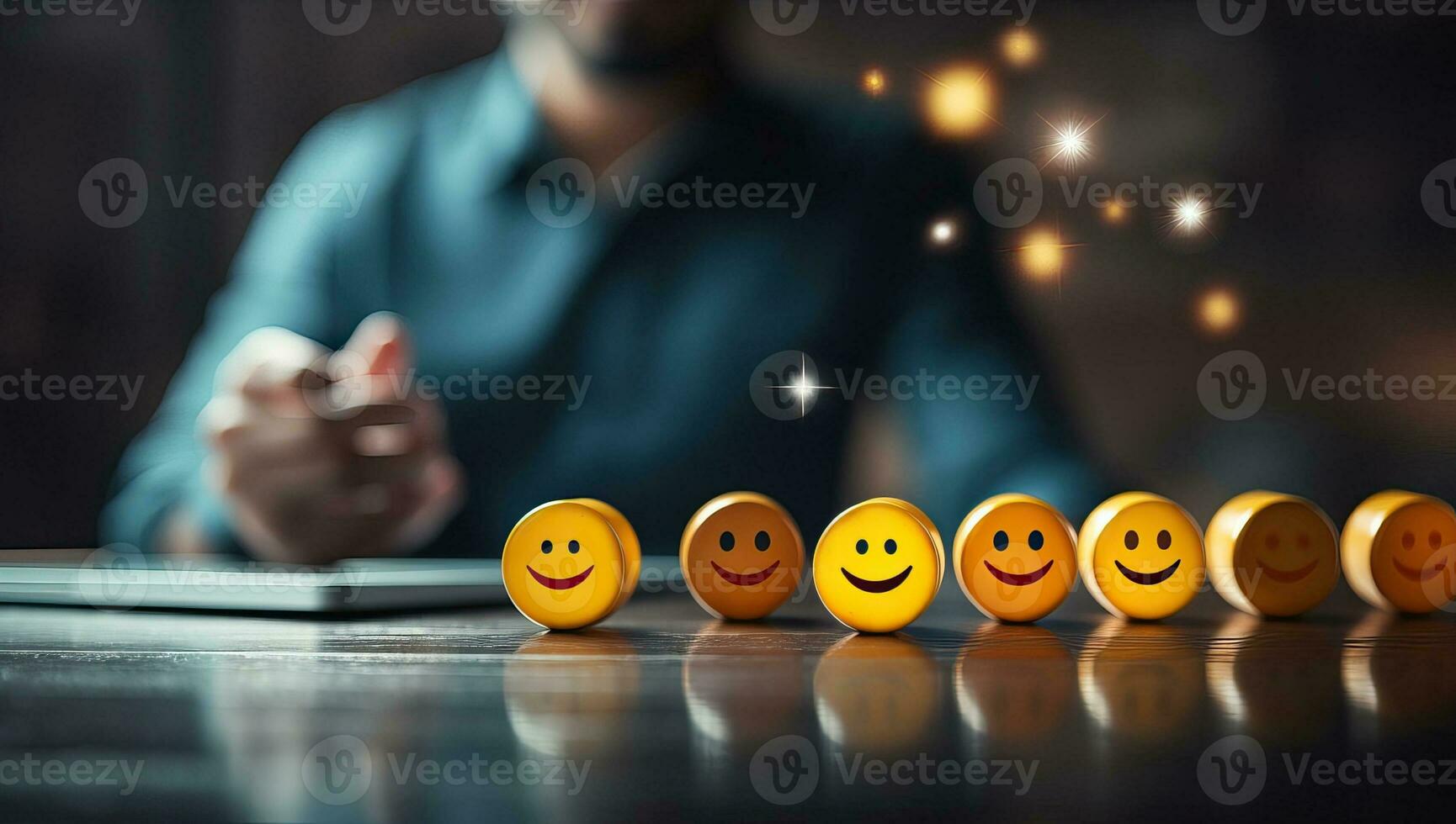 smiley gezichten Aan een houten tafel met een Mens gebruik makend van een tablet. ai gegenereerd. foto