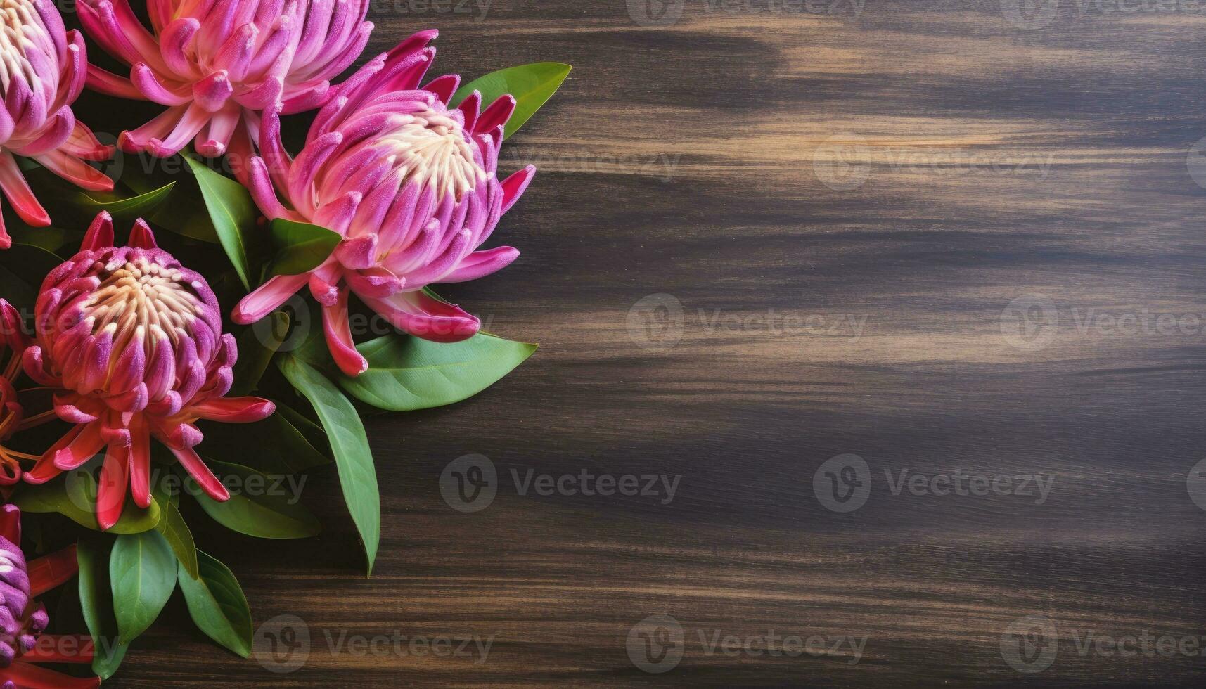 mooi protea bloemen Aan houten achtergrond. top visie met kopiëren ruimte. ai gegenereerd. foto