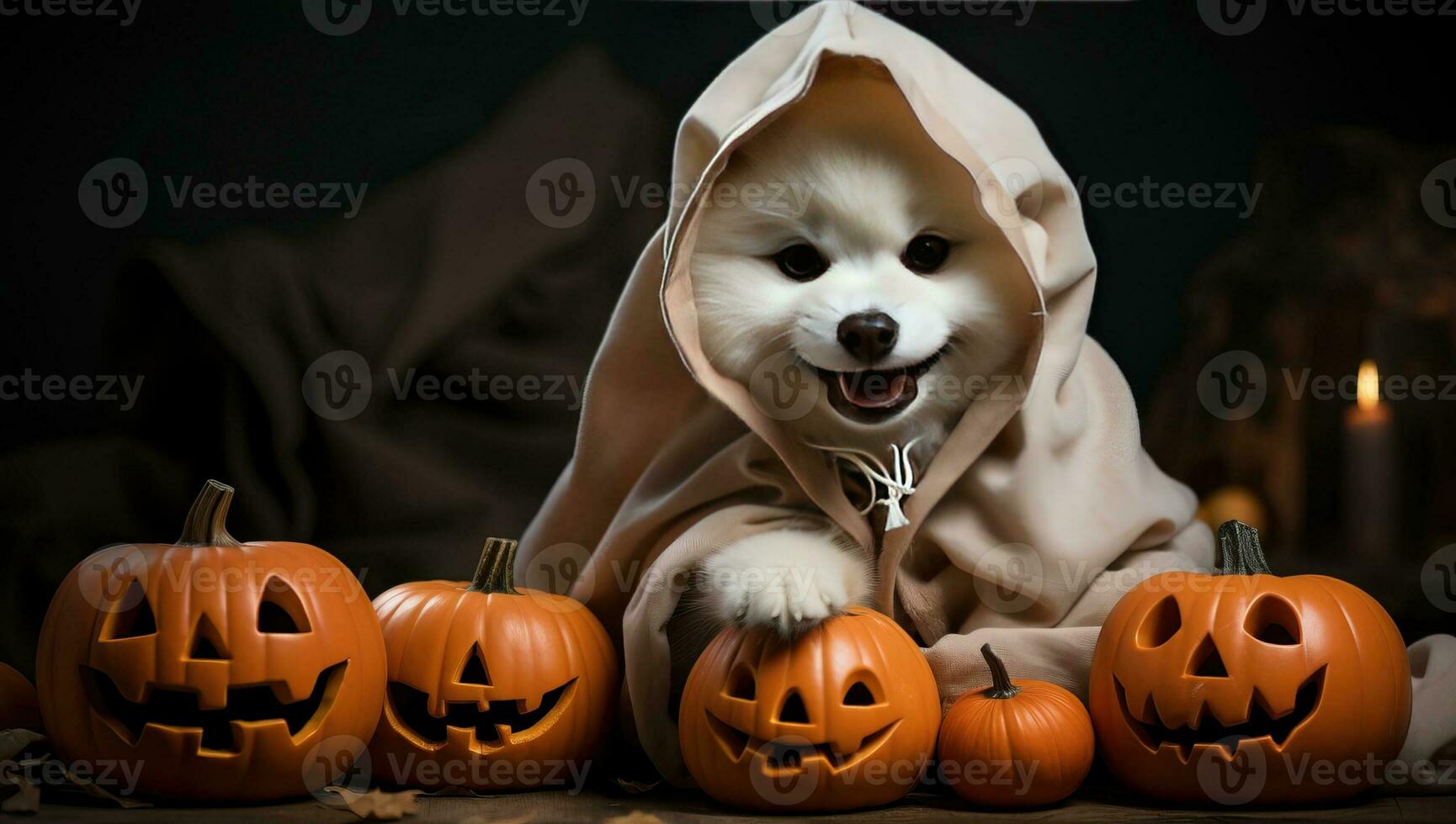 pommeren hond in halloween kostuum met pompoenen Aan donker achtergrond. ai gegenereerd. foto