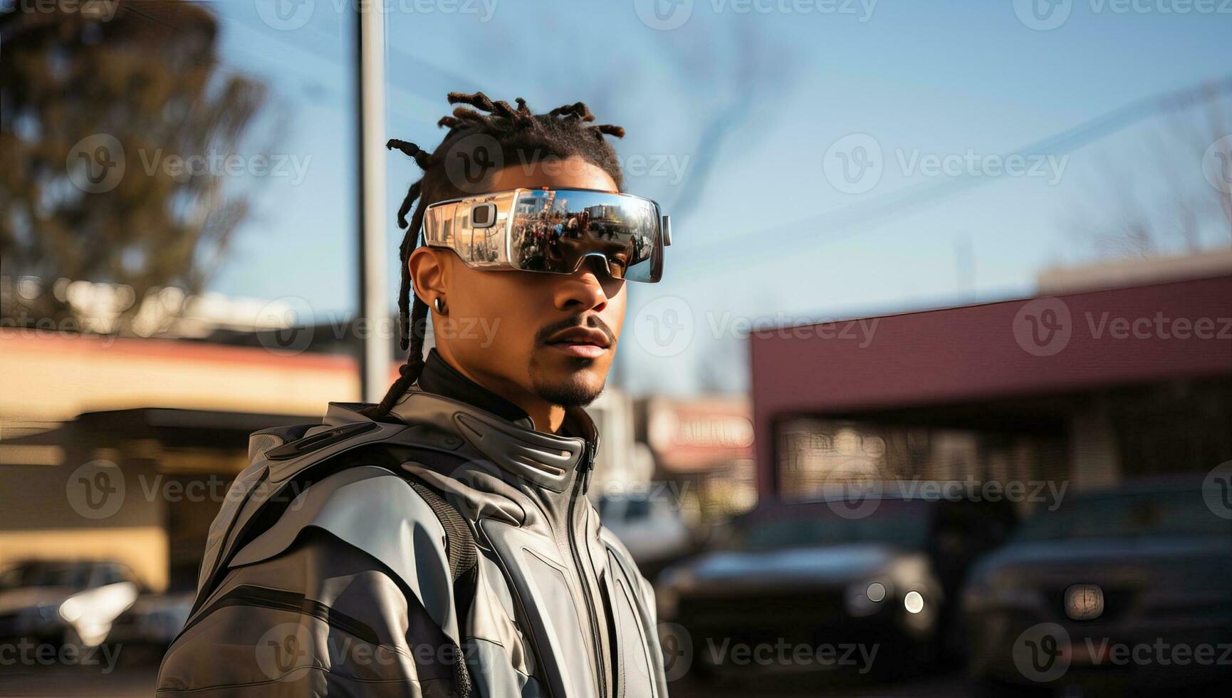 portret van een jong Afrikaanse Amerikaans Mens in zonnebril Aan de straat. ai gegenereerd. foto