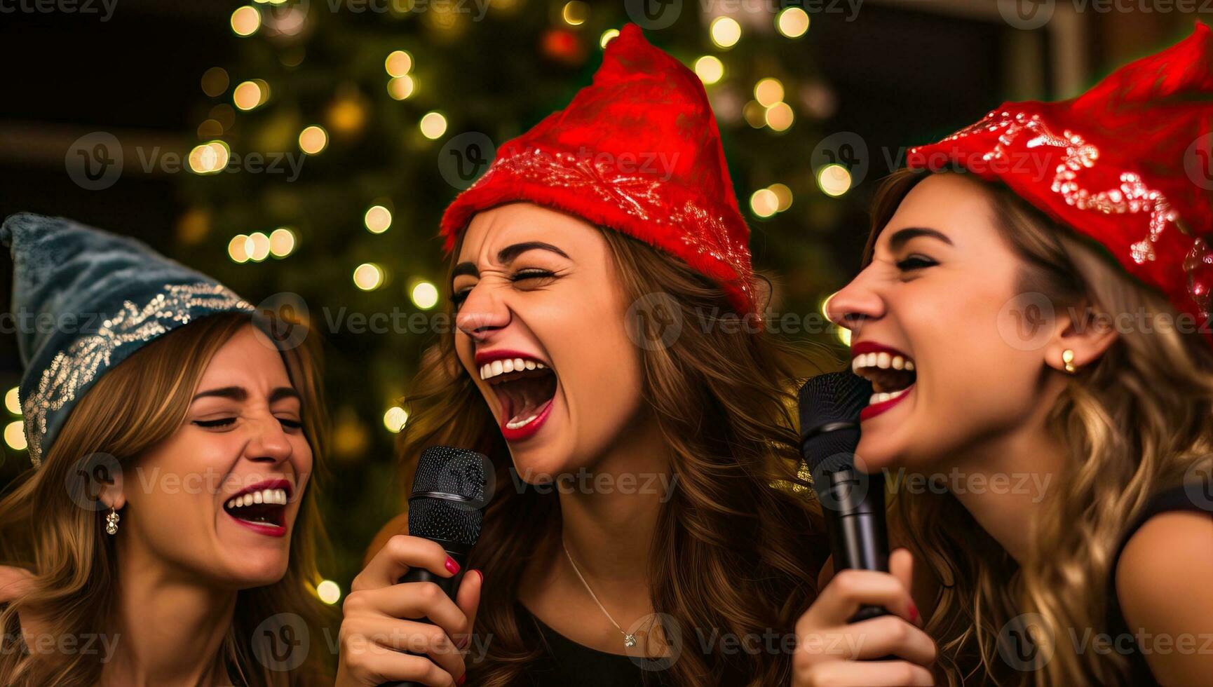 groep van mooi Dames het zingen karaoke in voorkant van Kerstmis boom. ai gegenereerd. foto