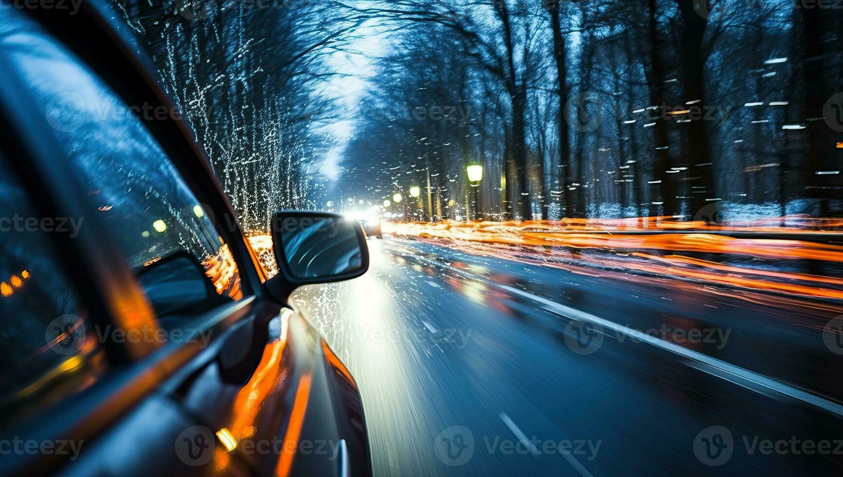 visie van kant van auto in beweging Aan de weg met beweging vervagen achtergrond. ai gegenereerd. foto