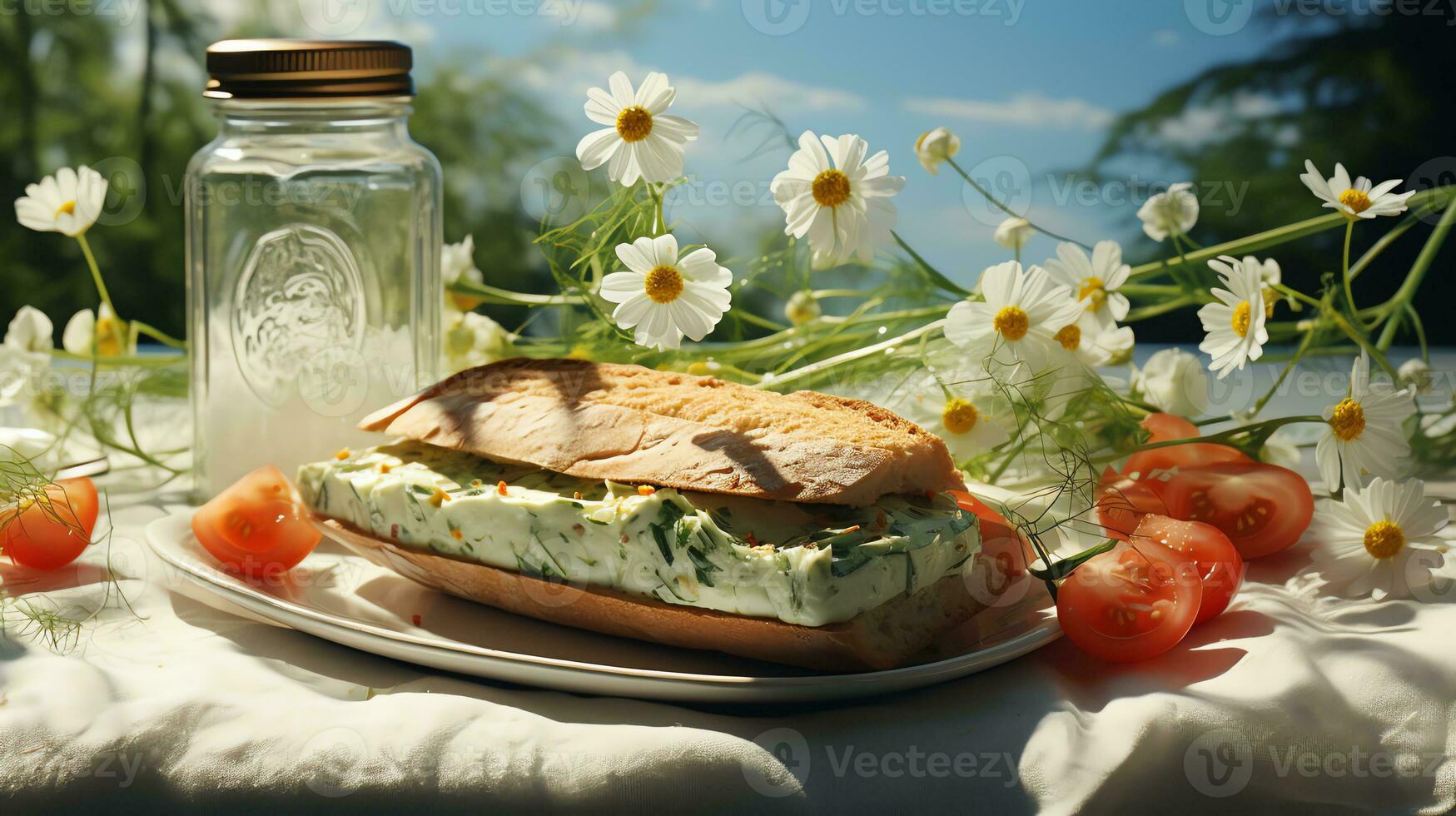 een schotel van kaas, tomaten, en brood ai generatief foto