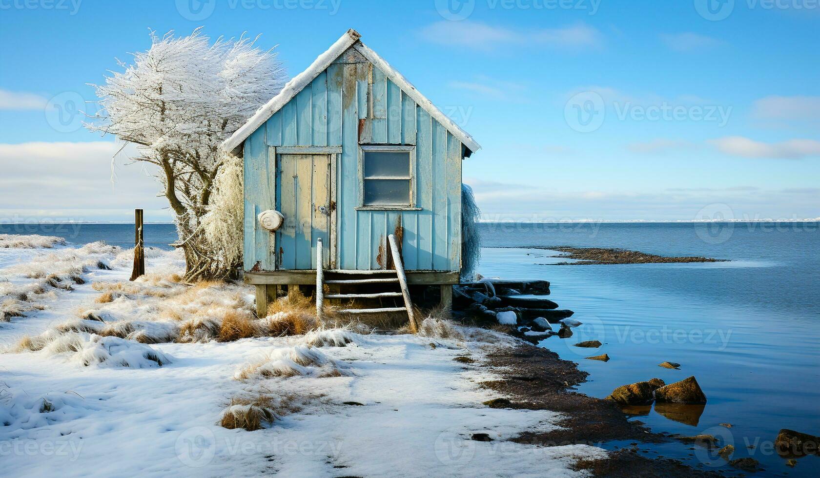 minimalistische winter landschap door de water, met een houten cabine. ai gegenereerd foto