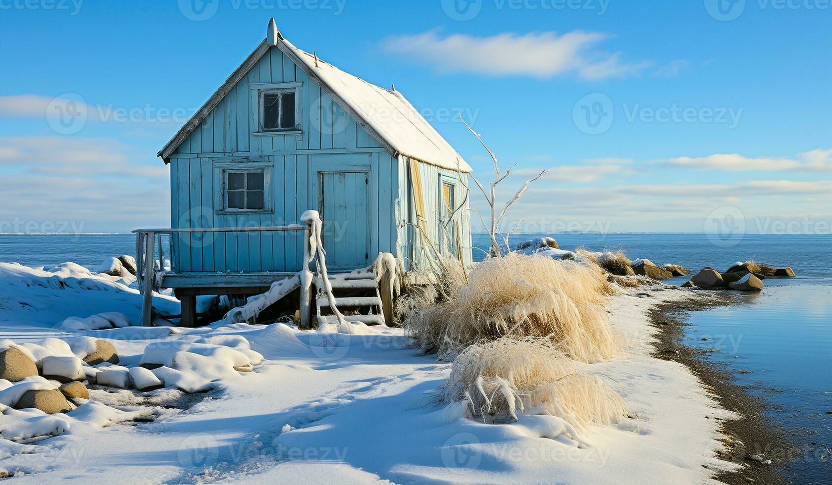 minimalistische winter landschap door de water, met een houten cabine. ai gegenereerd foto