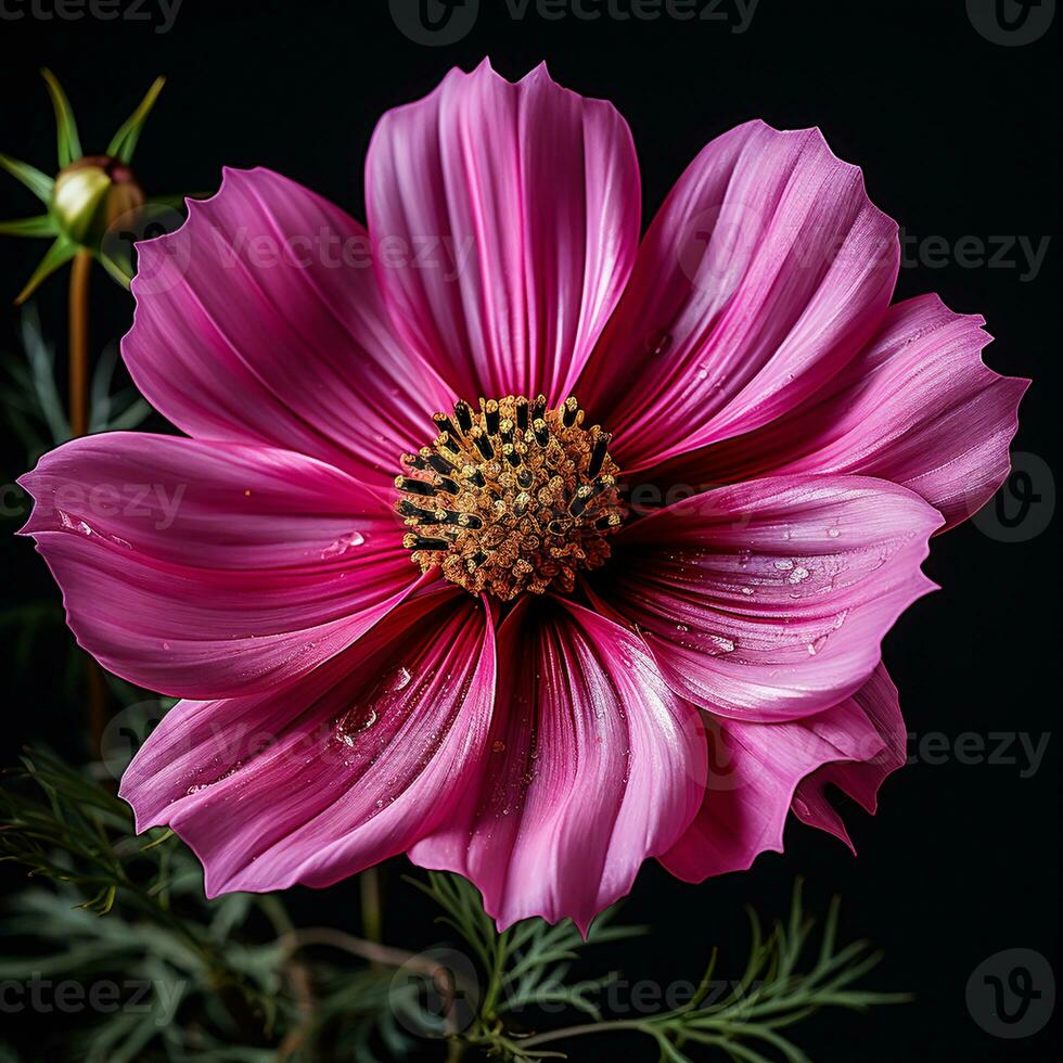 dichtbij omhoog van kosmos bloem Aan donker achtergrond. ai gegenereerd foto