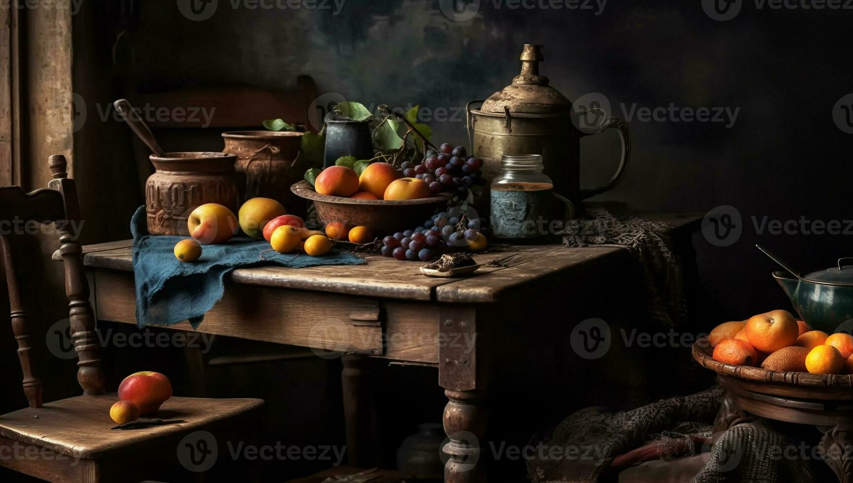 illustratie nog steeds leven met fruit Aan houten tafel, rustiek keuken, in dramatisch tonen. ai generator foto