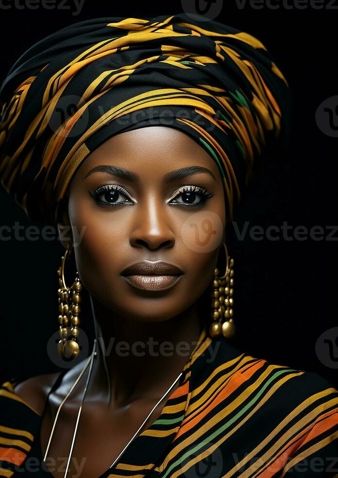 portret van heel mooi vrouw met traditioneel Afrikaanse tulband Aan haar hoofd. ai gegenereerd foto