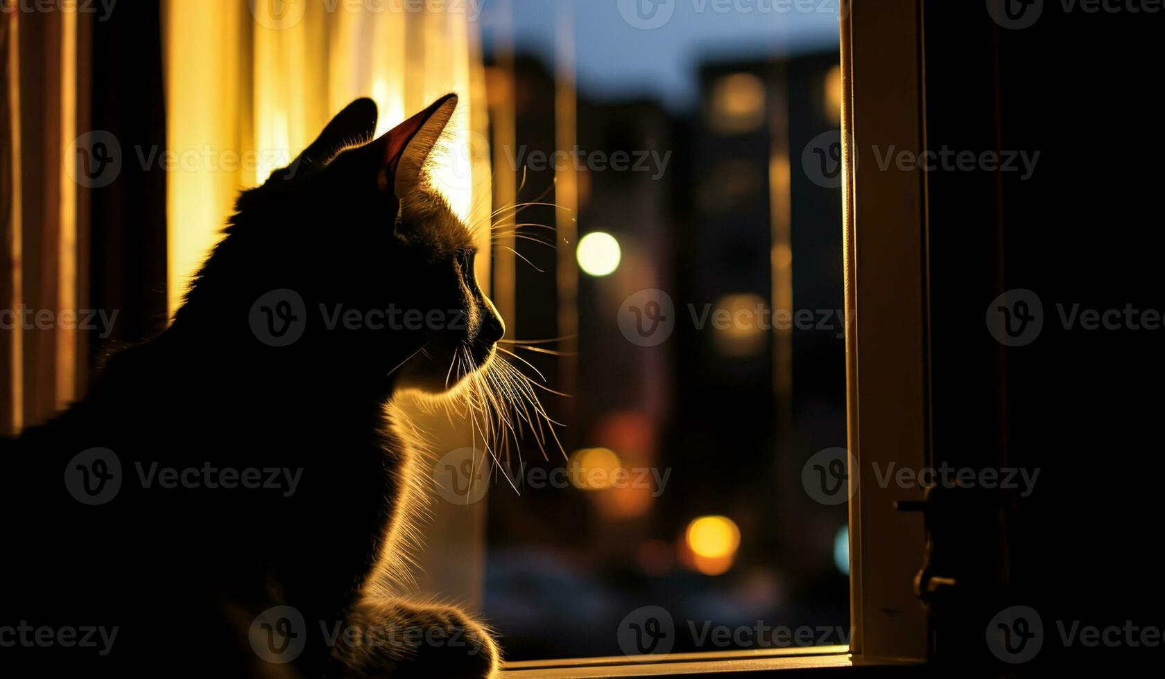 mooi beeld met de silhouet van een kat in de venster, tegen de licht, Bij zonsondergang. ai gegenereerd foto