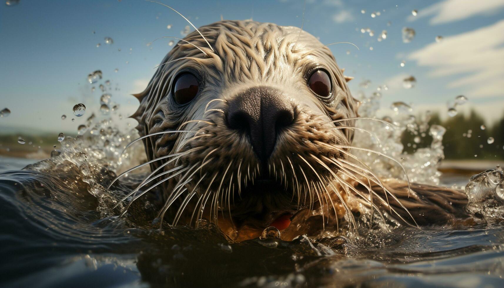 schattig zegel zwemmen onderwater, op zoek Bij camera, speels en pret gegenereerd door ai foto