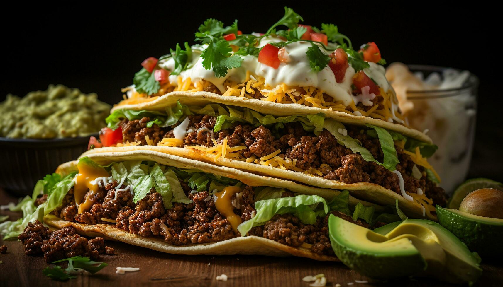 klaar naar eten rundvlees taco met guacamole, tomaat, en koriander Aan tortilla gegenereerd door ai foto