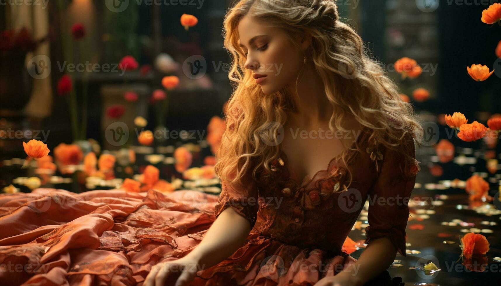 glimlachen blond vrouw in elegant jurk geniet natuur vers aantrekkingskracht gegenereerd door ai foto