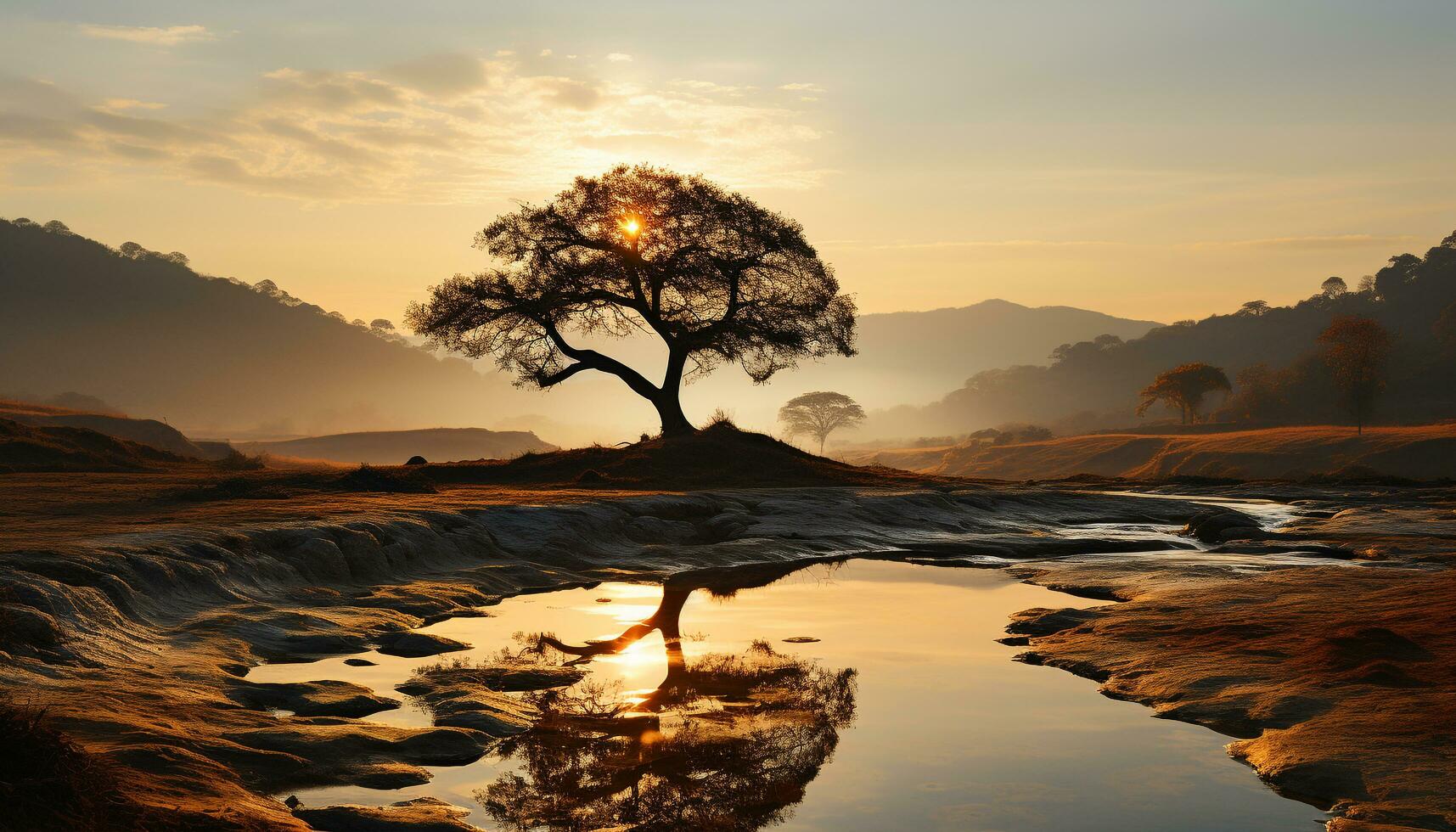 rustig tafereel natuur schoonheid in zonsondergang, Afrika silhouet weerspiegelt Aan water gegenereerd door ai foto