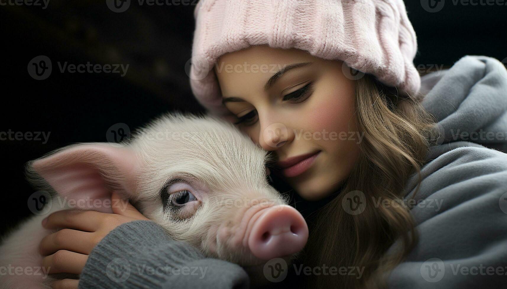 een schattig Kaukasisch meisje omarmen een klein roze big buitenshuis gegenereerd door ai foto