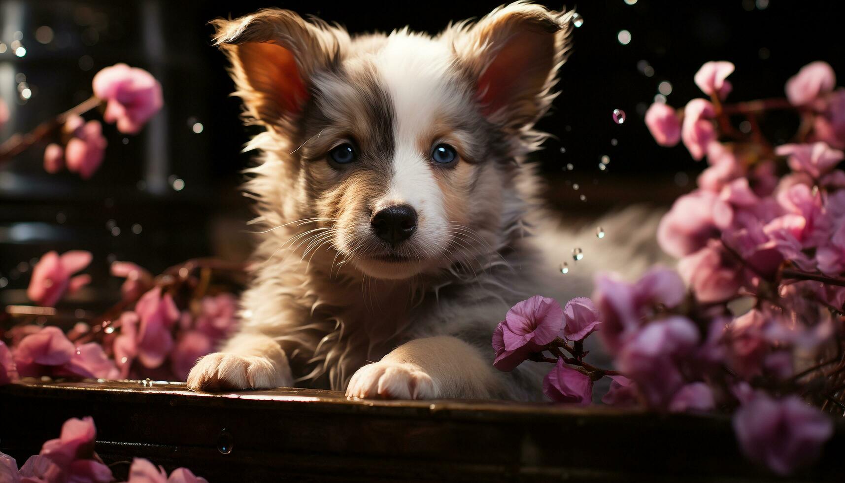 schattig puppy zitten, op zoek Bij camera, omringd door mooi bloemen gegenereerd door ai foto