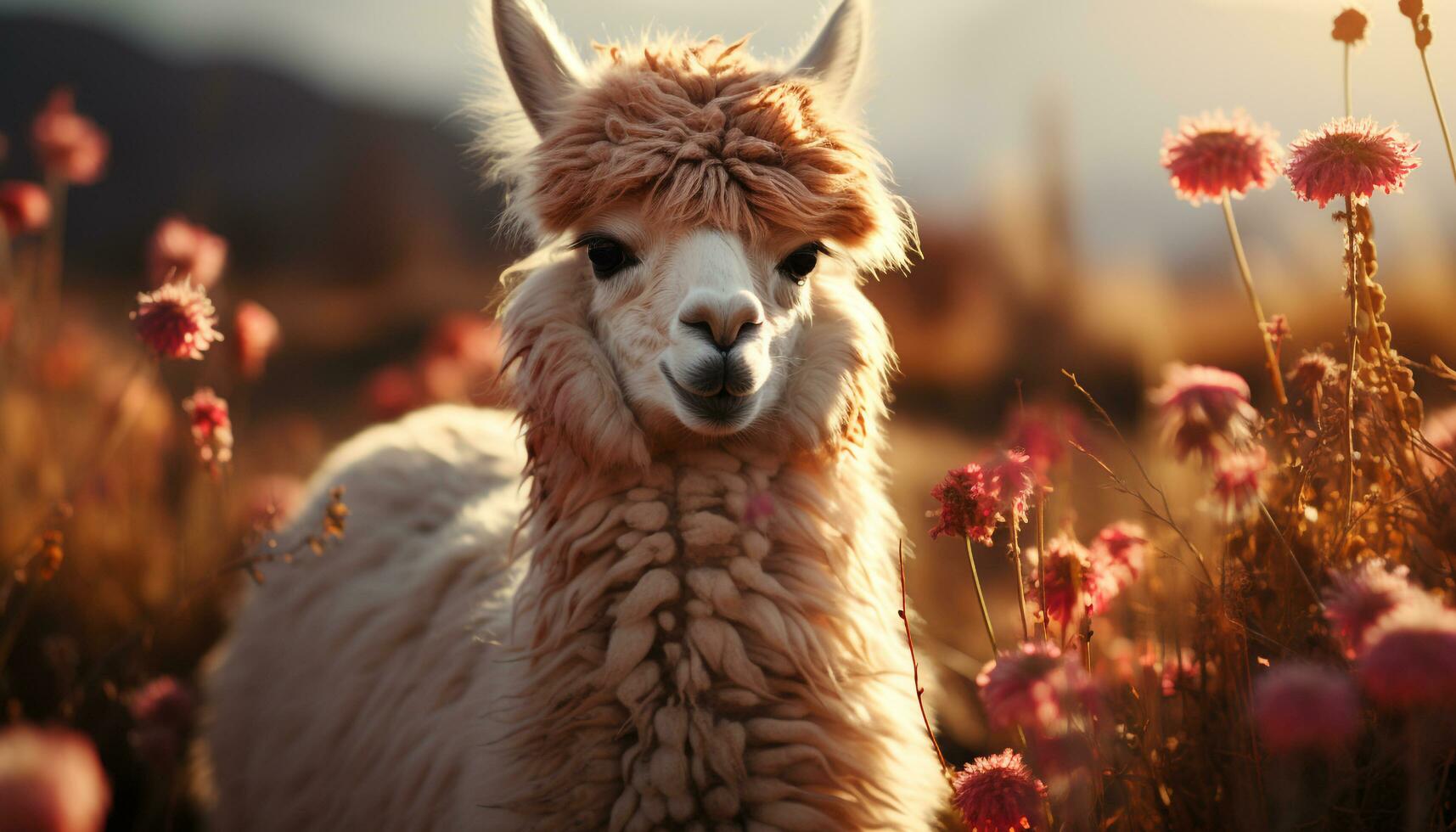 schattig alpaca begrazing Aan groen weide, genieten van de zomer zonsondergang gegenereerd door ai foto