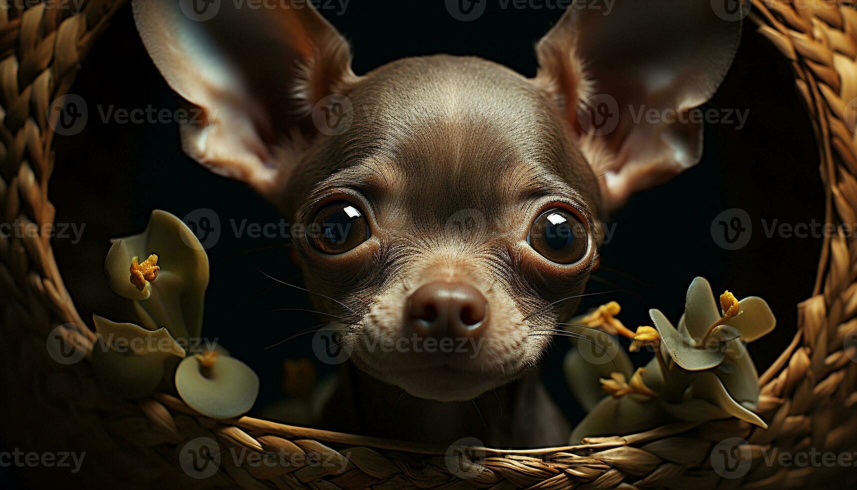 schattig puppy zittend in een mand, op zoek Bij een bloem gegenereerd door ai foto