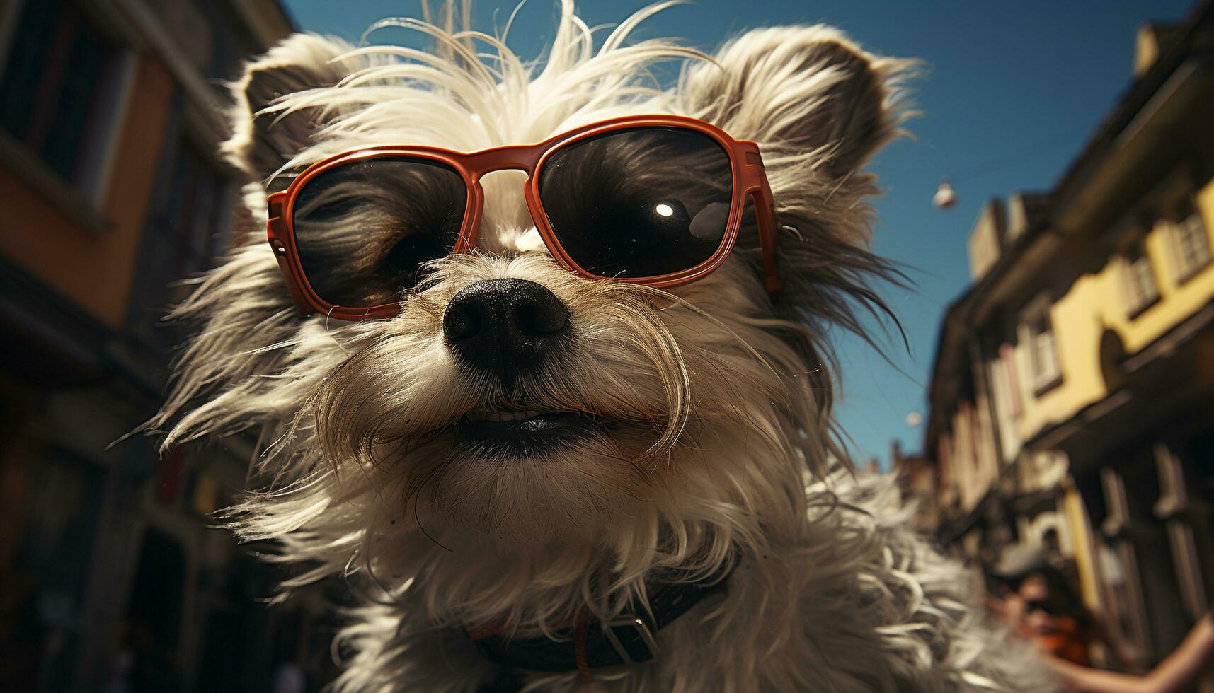 een schattig puppy vervelend zonnebril, op zoek Bij de camera gegenereerd door ai foto