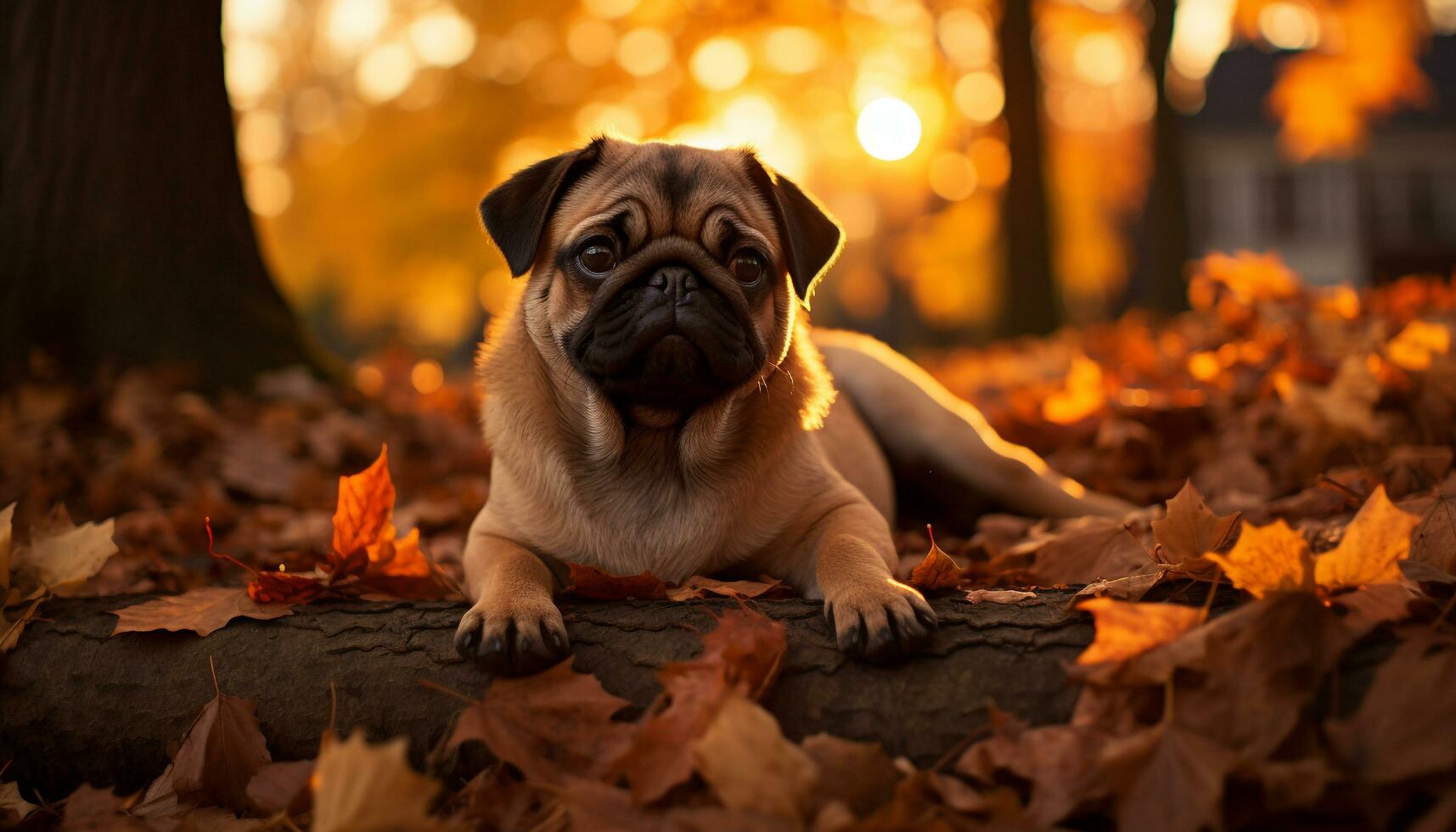 schattig mopshond puppy zittend in herfst Woud, speels en aanbiddelijk gegenereerd door ai foto