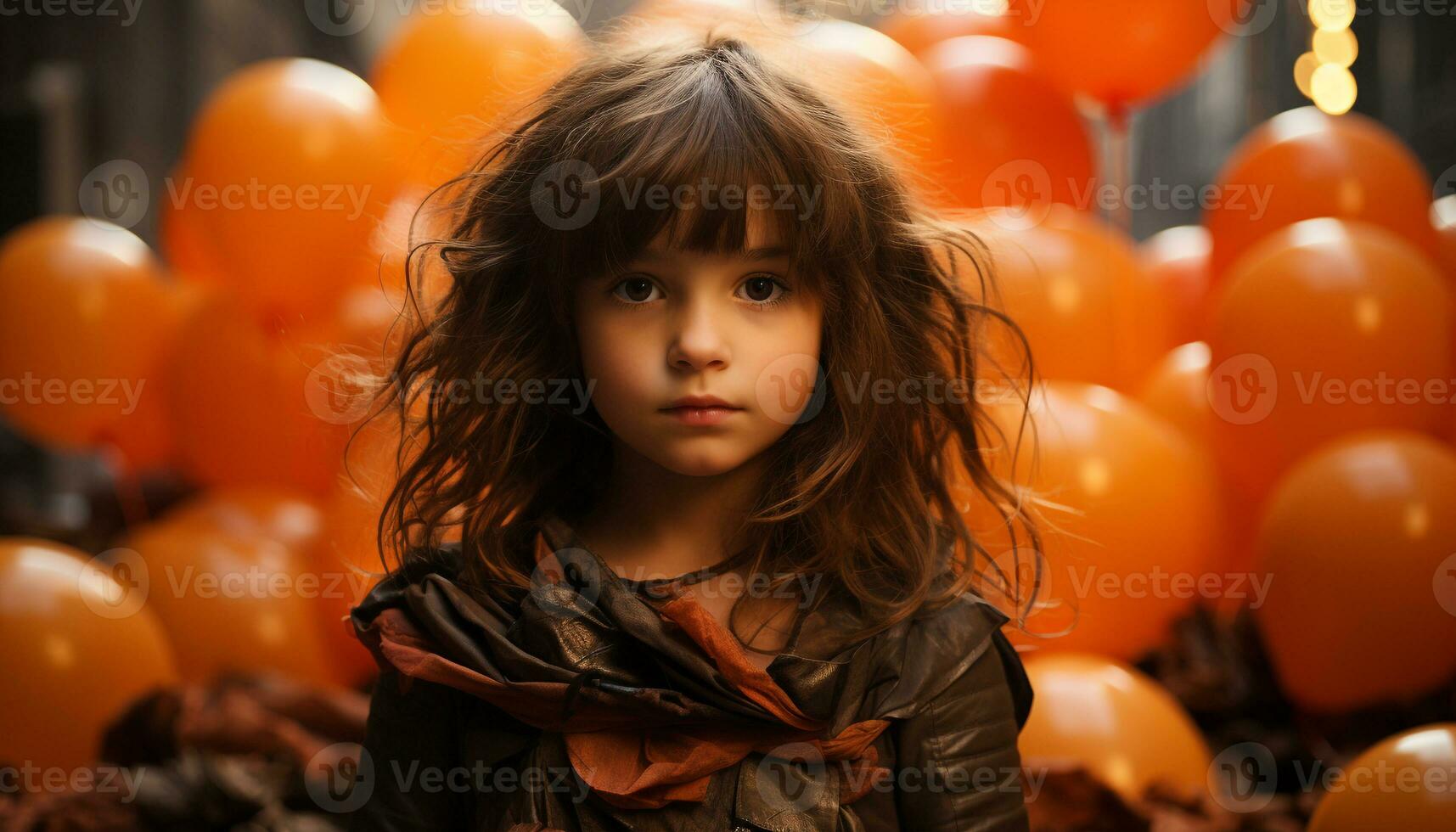 schattig kind spelen met ballon, halloween viering buitenshuis gegenereerd door ai foto