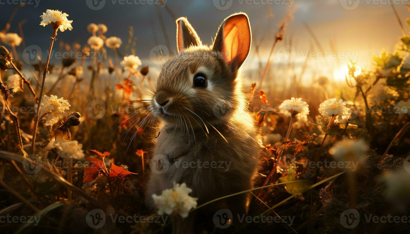pluizig baby konijn zittend in weide, genieten van lente gegenereerd door ai foto