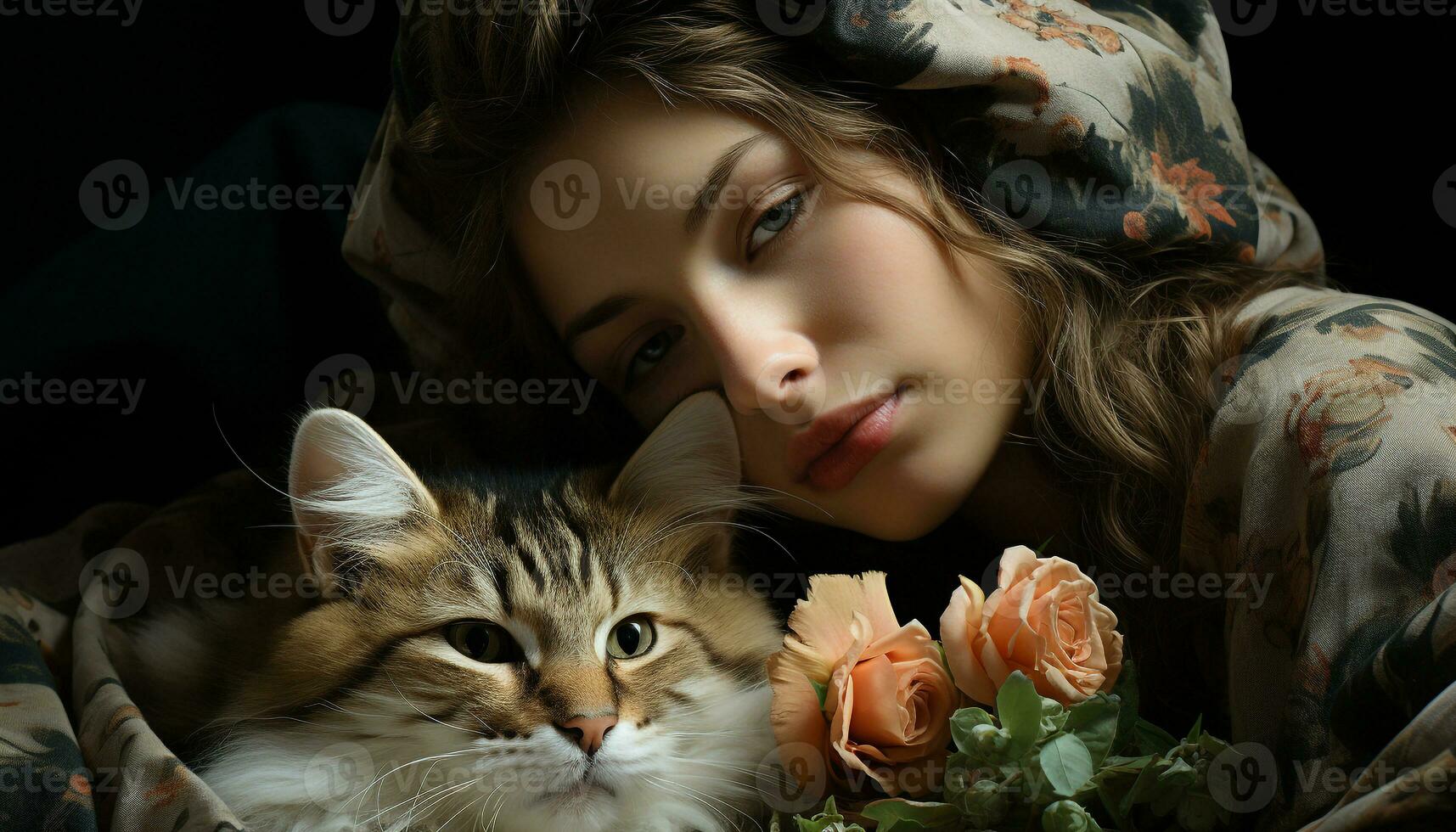 een schattig meisje lachend, omarmen een katje, omringd door natuur gegenereerd door ai foto