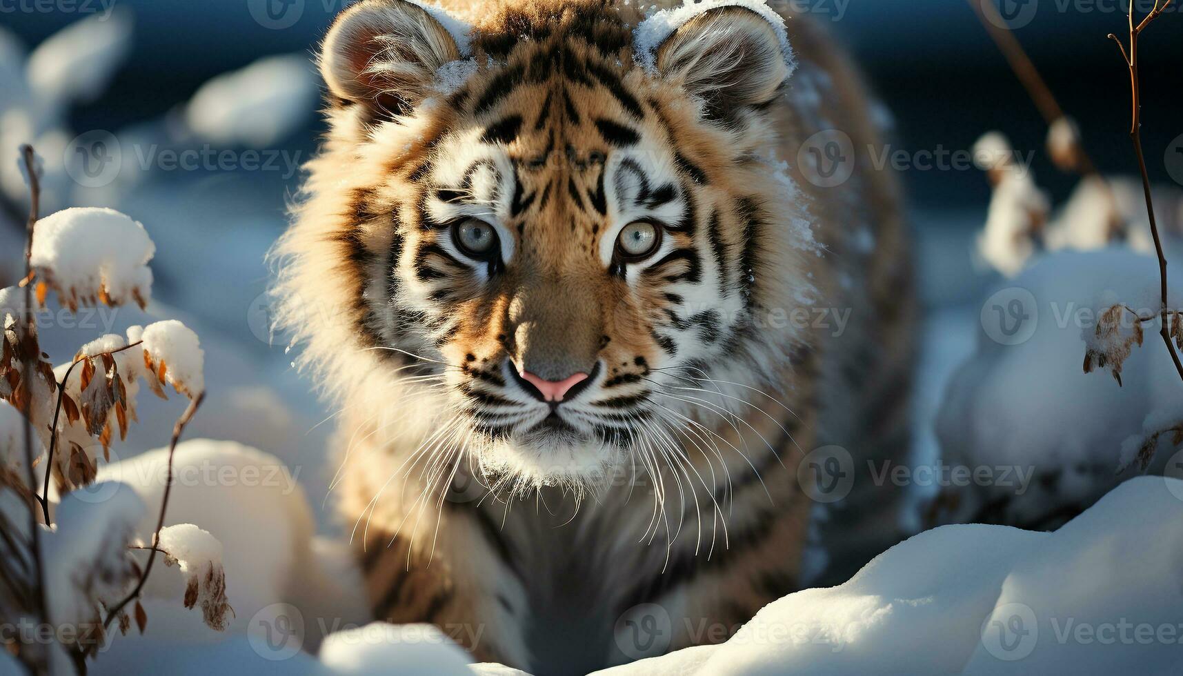 dichtbij omhoog portret van een majestueus Bengalen tijger in de sneeuw gegenereerd door ai foto