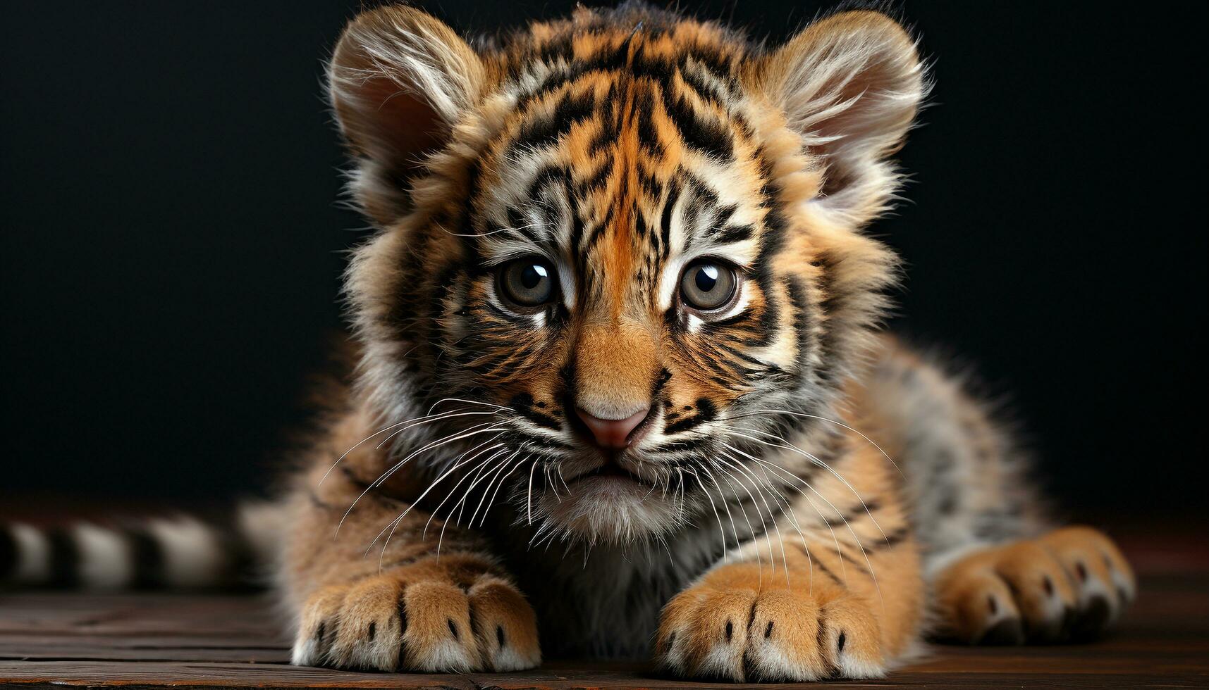 schattig Bengalen tijger welp staren, gestreept vacht, op zoek weg gegenereerd door ai foto