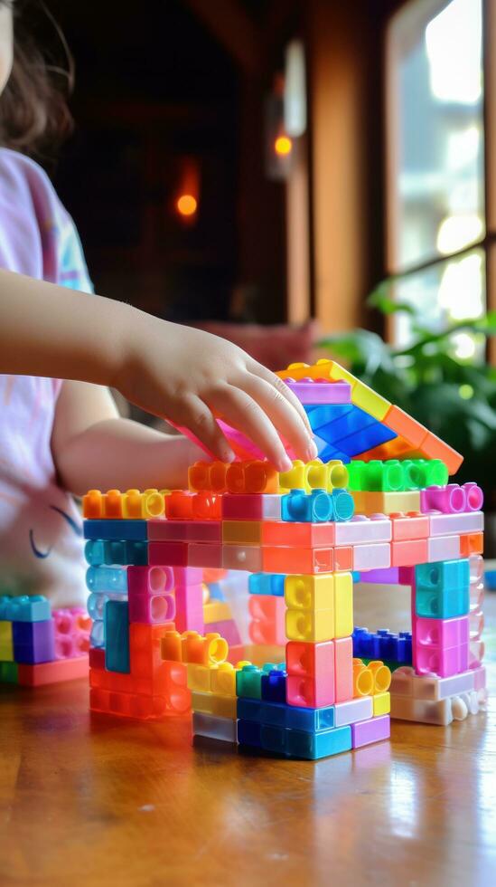 een kind handen gebouw een gemakkelijk huis met kleurrijk plastic blokken foto