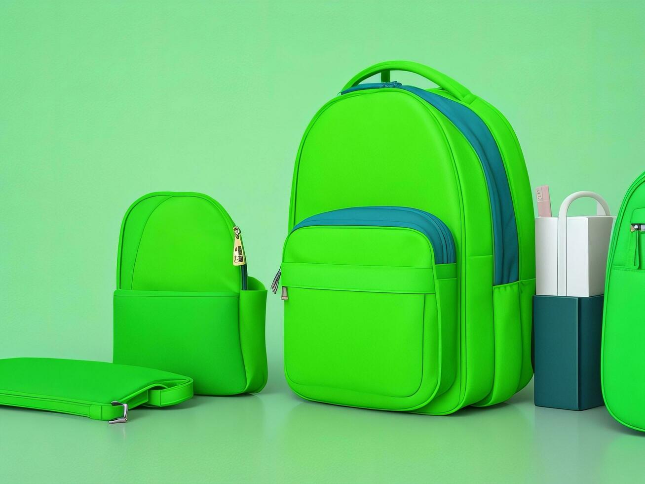 terug naar school, school- accessoires met school- zak Aan groen achtergrond met kopiëren ruimte. klaar voor school- concept. 3d weergave, 3d illustratie. ai gegenereerd foto