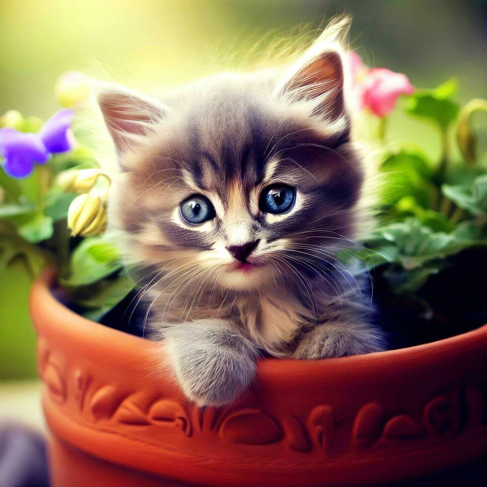 katje zit in een bloem pot, pot in de tuin, schattig katje, huiselijk kat, schattig kat behang. ai gegenereerd foto