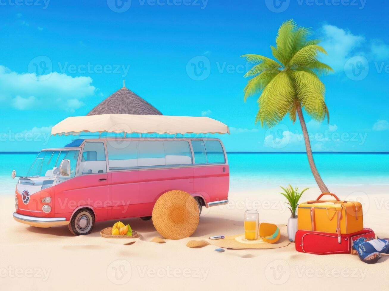 klaar voor zomer reizen. busje met dek stoel en strand accessoire, 3d weergave, 3d illustratie. ai gegenereerd foto