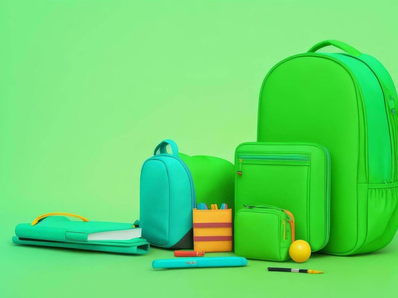 terug naar school, school- accessoires met school- zak Aan groen achtergrond met kopiëren ruimte. klaar voor school- concept. 3d weergave, 3d illustratie. ai gegenereerd foto