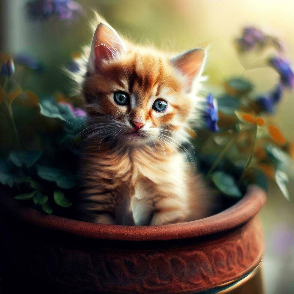 katje zit in een bloem pot, pot in de tuin, schattig katje, huiselijk kat, schattig kat behang. ai gegenereerd foto