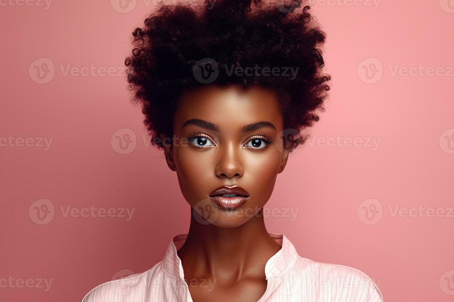 mooi Afrikaanse Amerikaans vrouw met perfect huid Aan roze achtergrond ai gegenereerd foto