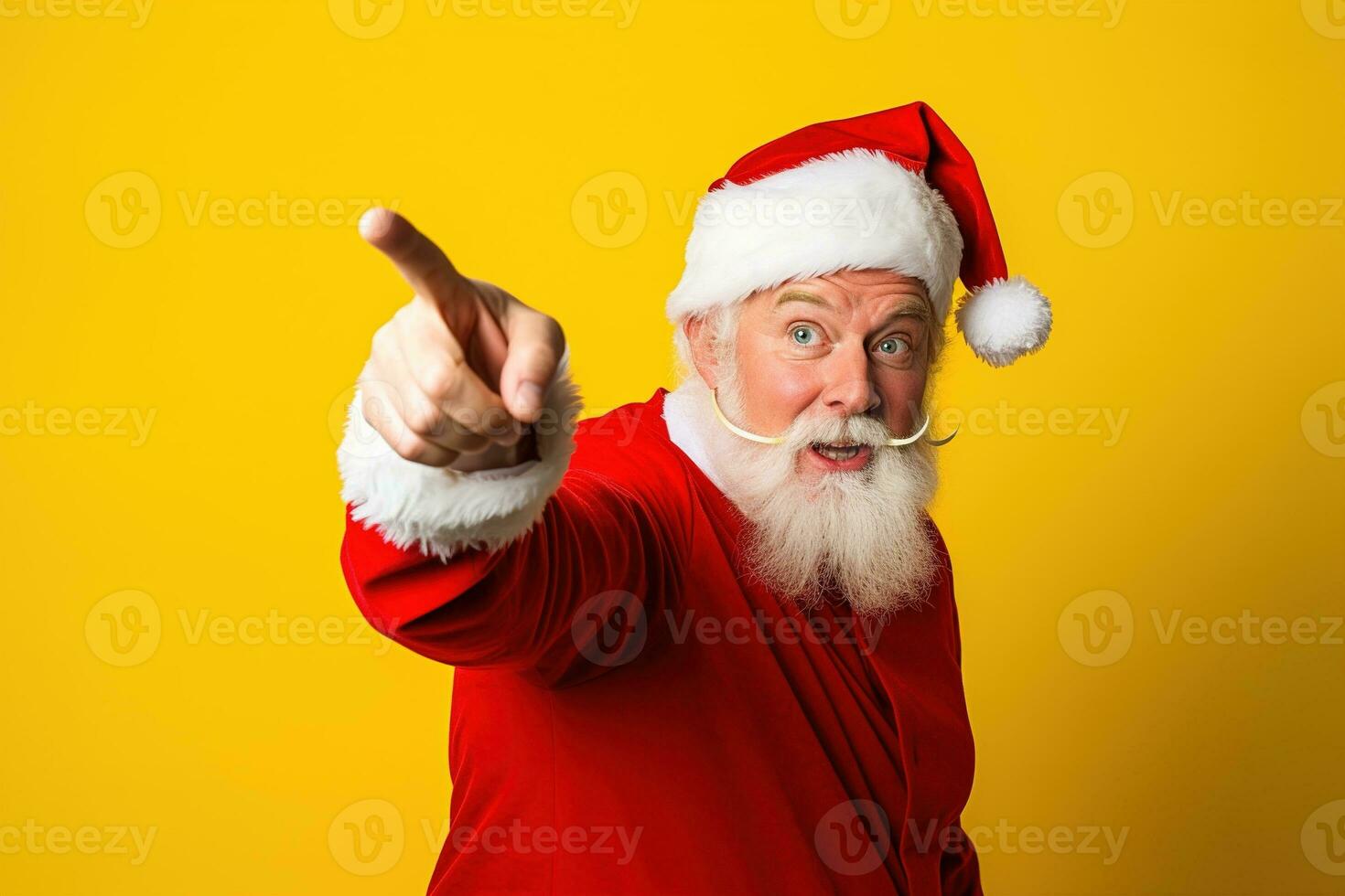 portret van de kerstman claus tonen duimen omhoog, geïsoleerd Aan geel achtergrond ai gegenereerd foto