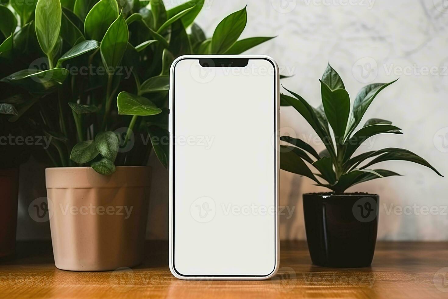 smartphone mockup met blanco scherm en sappig fabriek Aan houten tafel ai gegenereerd foto