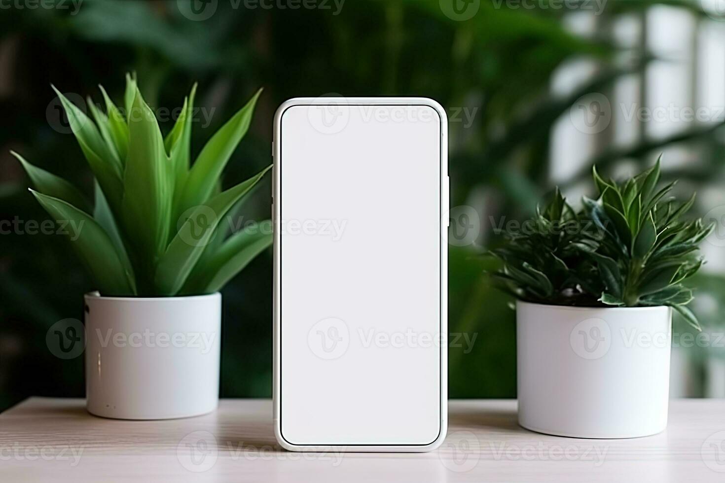 smartphone mockup met blanco scherm en sappig fabriek Aan houten tafel ai gegenereerd foto