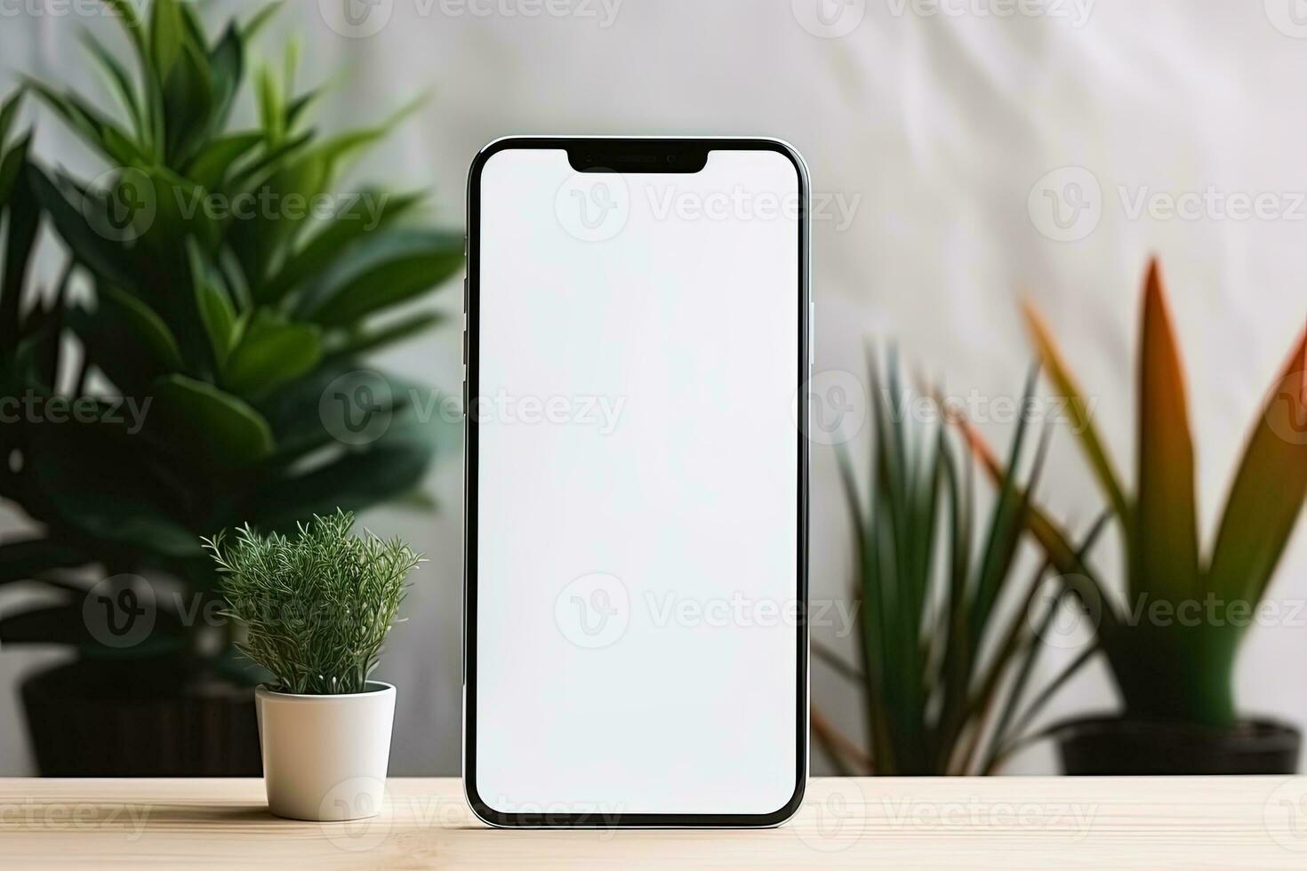 smartphone mockup met blanco scherm en sappig fabriek Aan houten tafel ai gegenereerd foto