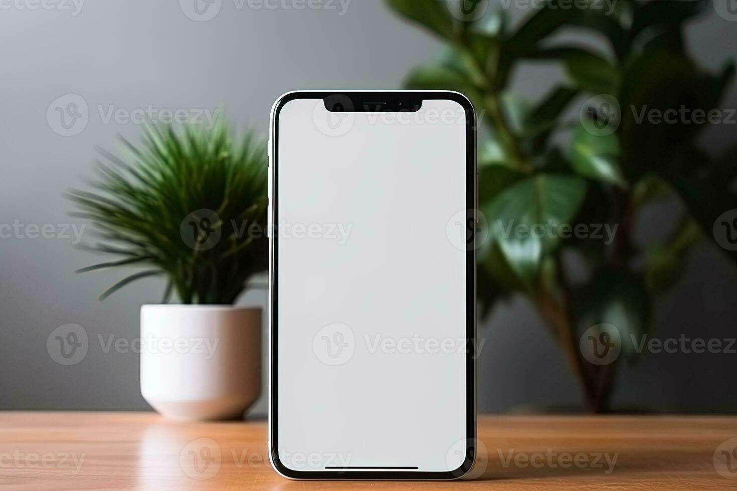 smartphone mockup met blanco scherm en sappig fabriek Aan houten tafel ai gegenereerd foto