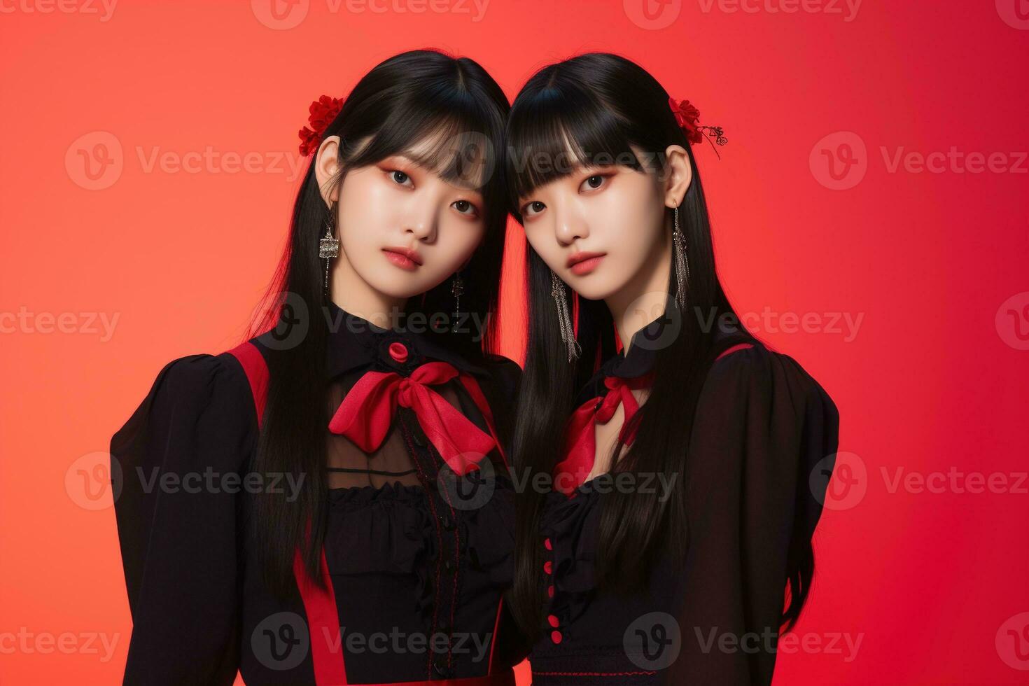 portret van twee mooi Aziatisch Dames in zwart jurk Aan rood achtergrond ai gegenereerd foto