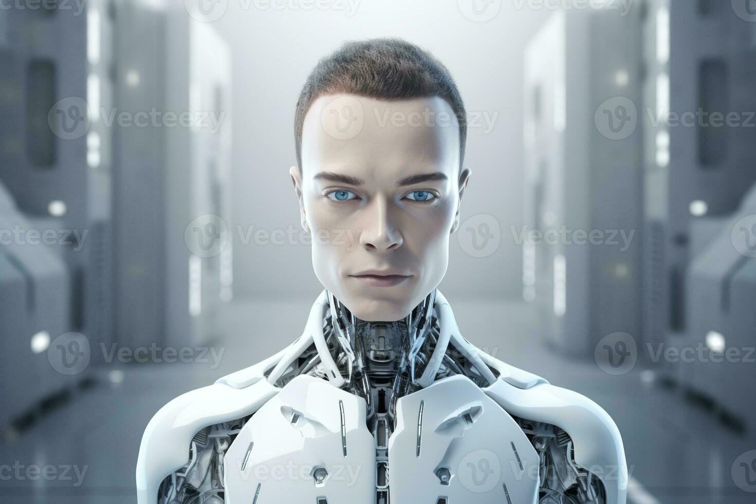 portret van een robot in een wit futuristische interieur, kunstmatig intelligentie- concept ai gegenereerd foto